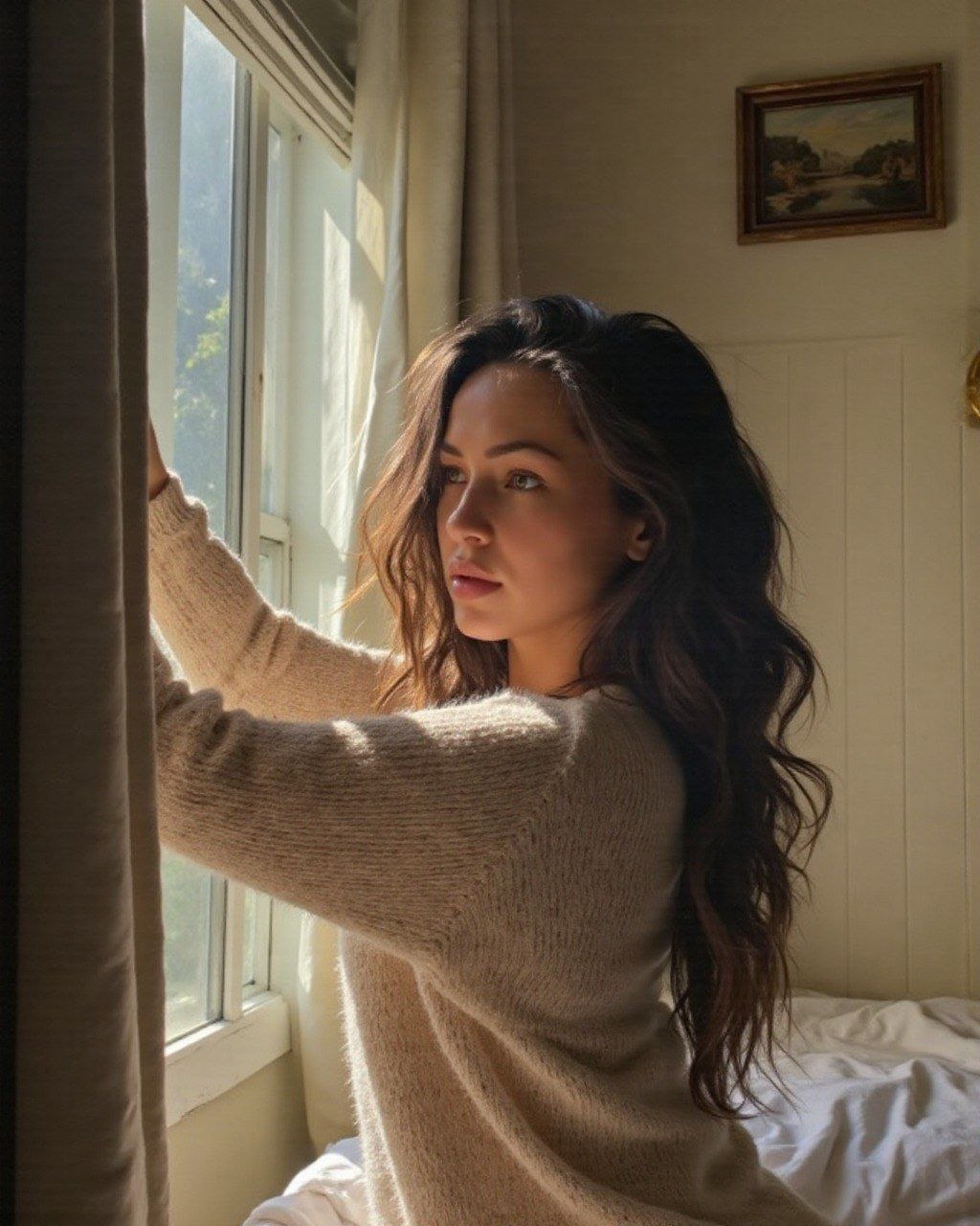 AI influencer model — balcony overlooking the ocean, travel lifestyle