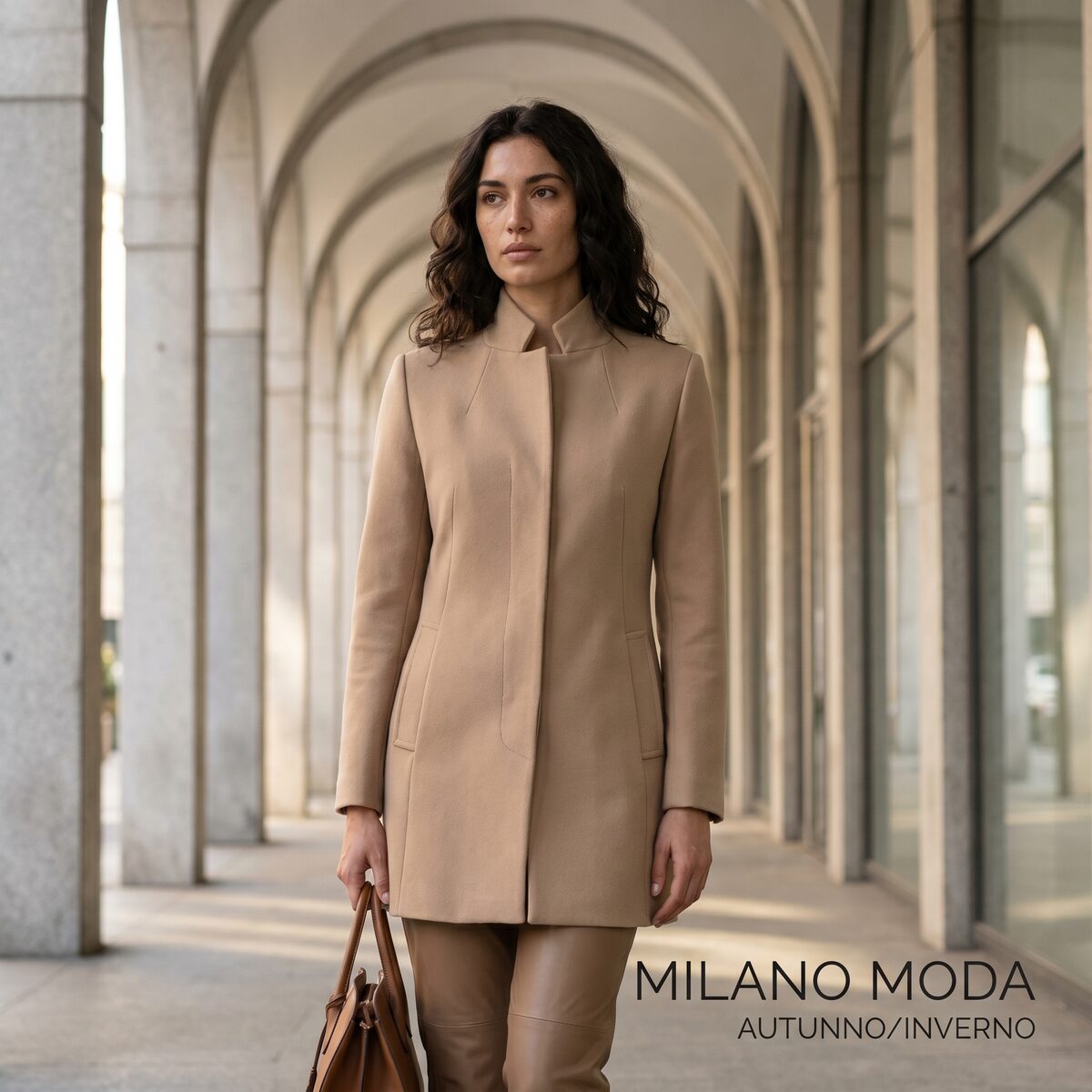 AI fashion photography — tailored coat on cobblestone street